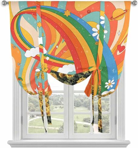 Sunflower Tie Up Curtains for Window, Rainbow Desert Tropical Plants Cartoon Daisy Thermal Insulated Balloon Shade Adjustable Rod Pocket Curtains Valance Panels for Kitchen Bathroom Café 42'' x 54'' in Saudi Arabia