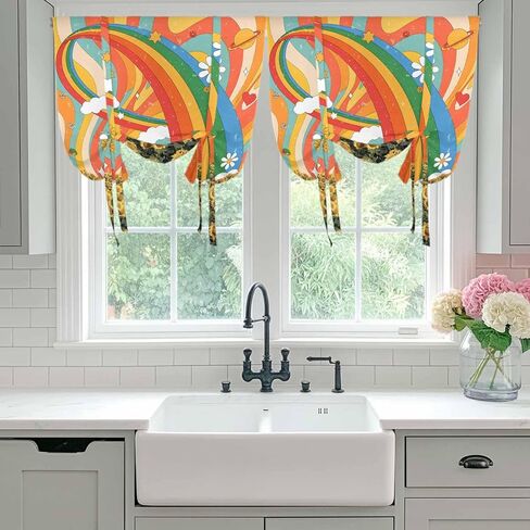 Sunflower Tie Up Curtains for Window, Rainbow Desert Tropical Plants Cartoon Daisy Thermal Insulated Balloon Shade Adjustable Rod Pocket Curtains Valance Panels for Kitchen Bathroom Café 42'' x 54'' in Saudi Arabia