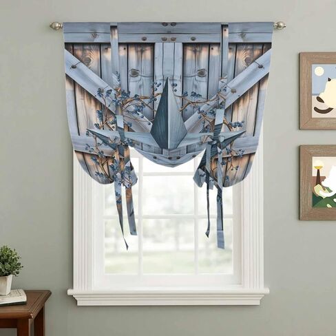 Texas Star Vintage Tie Up Curtains for Window, Navy Blue Berry Wooden Retro Thermal Insulated Balloon Shade Adjustable Rod Pocket Curtains Valance Panels for Kitchen Bathroom Café 52'' x 63'' in Saudi Arabia