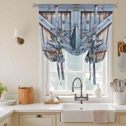 Texas Star Vintage Tie Up Curtains for Window, Navy Blue Berry Wooden Retro Thermal Insulated Balloon Shade Adjustable Rod Pocket Curtains Valance Panels for Kitchen Bathroom Café 52'' x 63'' in Saudi Arabia
