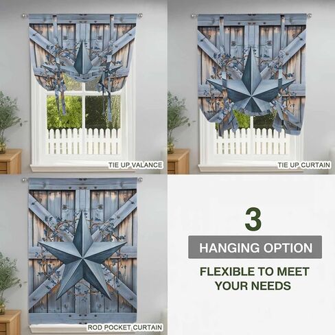 Texas Star Vintage Tie Up Curtains for Window, Navy Blue Berry Wooden Retro Thermal Insulated Balloon Shade Adjustable Rod Pocket Curtains Valance Panels for Kitchen Bathroom Café 52'' x 63'' in Saudi Arabia