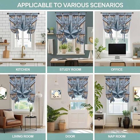 Texas Star Vintage Tie Up Curtains for Window, Navy Blue Berry Wooden Retro Thermal Insulated Balloon Shade Adjustable Rod Pocket Curtains Valance Panels for Kitchen Bathroom Café 52'' x 63'' in Saudi Arabia