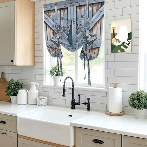 Texas Star Vintage Tie Up Curtains for Window, Navy Blue Berry Wooden Retro Thermal Insulated Balloon Shade Adjustable Rod Pocket Curtains Valance Panels for Kitchen Bathroom Café 52'' x 63'' in Saudi Arabia