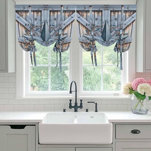 Texas Star Vintage Tie Up Curtains for Window, Navy Blue Berry Wooden Retro Thermal Insulated Balloon Shade Adjustable Rod Pocket Curtains Valance Panels for Kitchen Bathroom Café 52'' x 63'' in Saudi Arabia