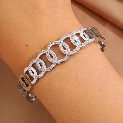 Chic silver Stainless Steel Bracelet – Interlocking Circle Design with Sparkling rhinestones Accents in Saudi Arabia