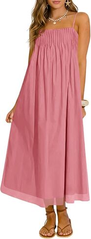 Wenrine Women's Summer Boho Maxi Dresses Spaghetti Straps Chiffon Casual Sundress Beach Vacation Long Dress with Pockets in Saudi Arabia
