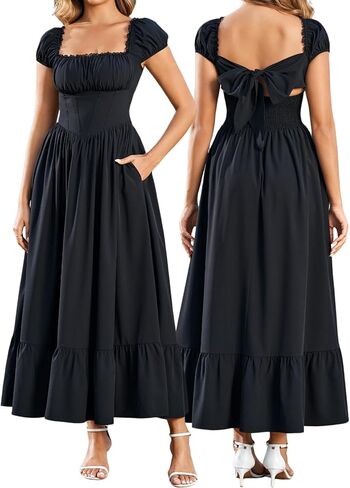 XinFSh Women's Summer Square Neck Lace Corset Wedding Guest Maxi Dress Floral Flowy Bow Tie Tea Party Dresses with Pocktes in Kuwait