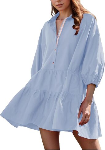 HangNiFang Women's Summer Babydoll Mini Dress Flowy Puff Sleeve Tiered Button Down Oversized Tunic Dress with Pockets in Saudi Arabia