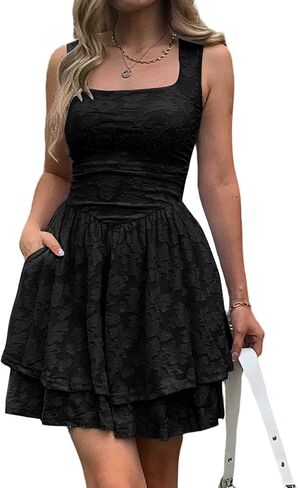 Women's Summer Cute Floral Tiered Ruffle Mini Dress Square Neck Ruched Drop Waist Layered Short Sundress with Pockets in Kuwait