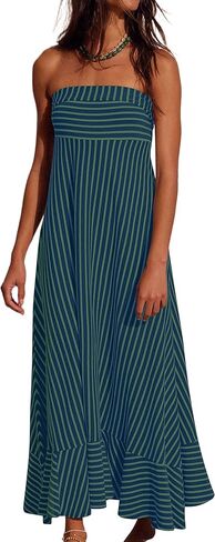 Womens Strapless Striped Maxi Dress 2026 Summer Flowy Ruffle Hem Long Tube Dress Beach Vacation Dresses Pockets in Kuwait