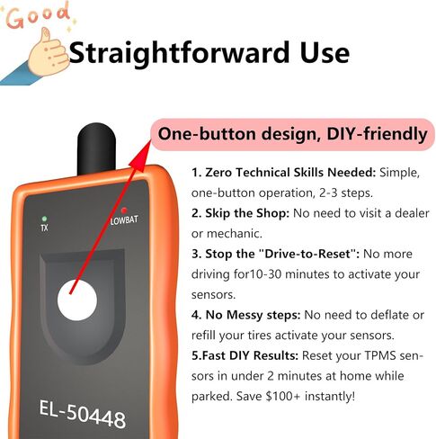 أداة إعادة تعلم EL-50448 GM TPMS مع بطارية قلوية عالية الطاقة 9 فولت مثبتة مسبقًا، أداة إعادة ضبط مستشعر الإطارات Chevy GM TPMS أداة إعادة ضبط مستشعر ضغط إطارات السيارة لسيارة Chevy Buick GMC Cadillac 2000-2025 in Kuwait