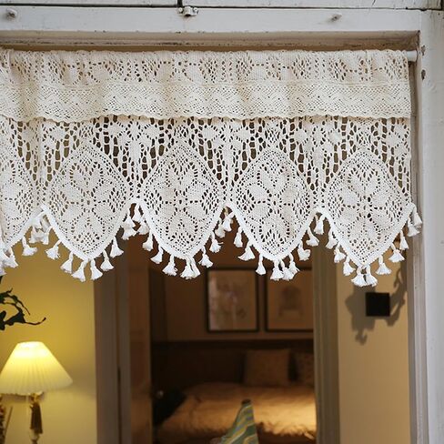 Vintage Cotton Crochet Curtain Valance with Tassels for Kitchen Window Boho Lace Knitted Curtain Tiers for Coffee Decor Rod Pocket Rustic Country Short Curtains (Cream,35"x16") in Kuwait