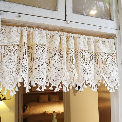 Vintage Cotton Crochet Curtain Valance with Tassels for Kitchen Window Boho Lace Knitted Curtain Tiers for Coffee Decor Rod Pocket Rustic Country Short Curtains (Cream,35"x16") in Kuwait