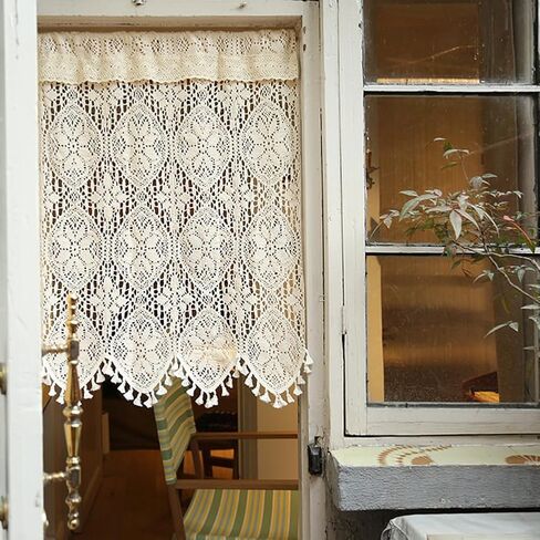 Vintage Cotton Crochet Curtain Valance with Tassels for Kitchen Window Boho Lace Knitted Curtain Tiers for Coffee Decor Rod Pocket Rustic Country Short Curtains (Cream,35"x16") in Kuwait