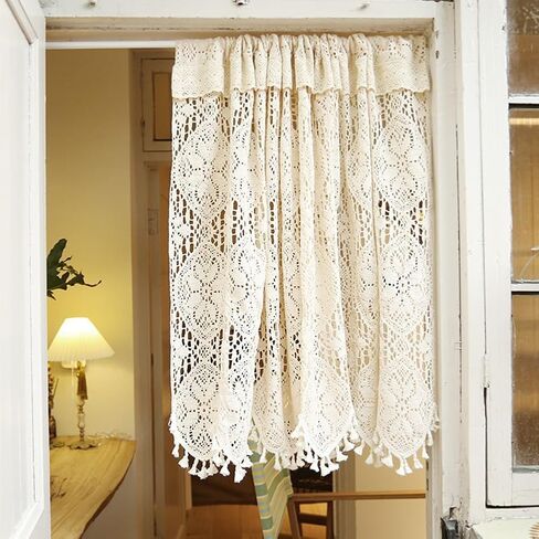Vintage Cotton Crochet Curtain Valance with Tassels for Kitchen Window Boho Lace Knitted Curtain Tiers for Coffee Decor Rod Pocket Rustic Country Short Curtains (Cream,35"x16") in Kuwait
