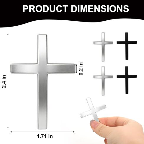 3D Zinc Alloy Cross Car Stickers, Self-Adhesive Christian Emblem Decals for Vehicle Body, Trunk, Truck - Religious Jesus Decor (Silver, Black, 4Pcs) in Kuwait