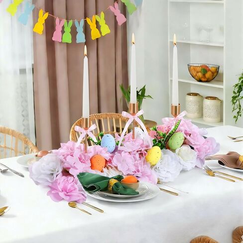 Mumufy 20 بوصة حامل شموع عيد الفصح محور 3 حوامل شموع ذهبية مستدقة مع بيض الباستيل زهور صناعية لديكور طاولة الربيع المركزية شمعدان للحفلات المنزلية ومدفأة عيد الفصح in Saudi Arabia