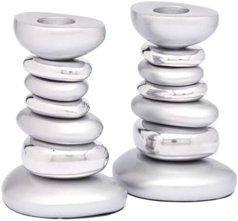 Yaie Emanuel Zen Stone Tower Candlestick Holders for Shabbat and Yom Tov | Anodized Aluminum Modern Design (Silver (CSG-1)) in Saudi Arabia