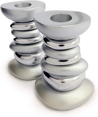 Yaie Emanuel Zen Stone Tower Candlestick Holders for Shabbat and Yom Tov | Anodized Aluminum Modern Design (Silver (CSG-1)) in Saudi Arabia
