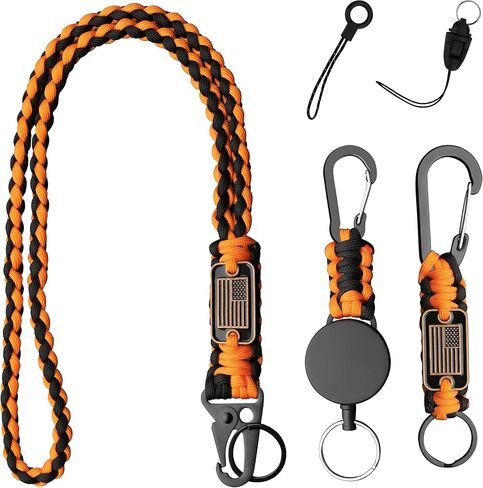 مجموعة حبل باراكورد مكونة من 3 قطع مع سلسلة مفاتيح قابلة للسحب - حبال طويلة وقصيرة شديدة التحمل مع بكرة شارة، علم الولايات المتحدة الأمريكية ومشبك معدني لبطاقة الهوية، والمفاتيح، والأمن، والرجال، والعمل، EDC، في الهواء الطلق in Kuwait