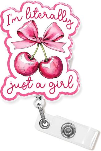 I'm Literally Just A Girl Badge Reel Retractable 1.6 Inches Feminist, Girly, Cherry Bow, Pink Alligator Clip/Belt Clip, Acrylic Material, Badge Holder, Lanyards for Id Badges in Saudi Arabia