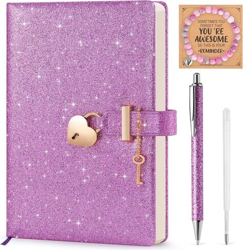 مذكرات لامعة باللون الأرجواني مع قفل ومفتاح، مقاس 8.4 بوصة × 5.7 بوصة، مجلة لامعة لا تتساقط للفتيات، دفتر ملاحظات مبطن مقاس A5 للكتابة، هدية عيد ميلاد للأطفال في سن المراهقة، تتضمن قلمًا وسوارًا in Kuwait