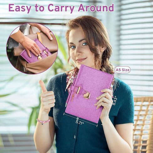 مذكرات لامعة باللون الأرجواني مع قفل ومفتاح، مقاس 8.4 بوصة × 5.7 بوصة، مجلة لامعة لا تتساقط للفتيات، دفتر ملاحظات مبطن مقاس A5 للكتابة، هدية عيد ميلاد للأطفال في سن المراهقة، تتضمن قلمًا وسوارًا in Kuwait