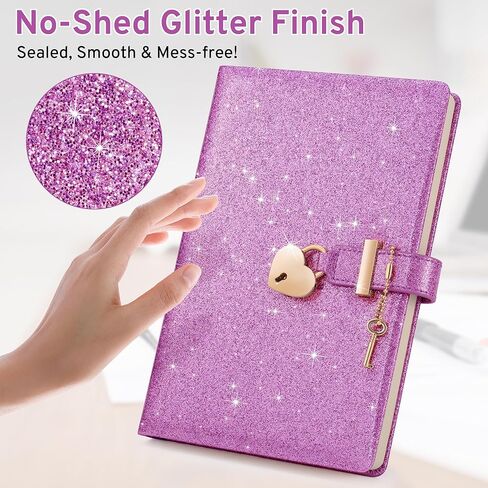 مذكرات لامعة باللون الأرجواني مع قفل ومفتاح، مقاس 8.4 بوصة × 5.7 بوصة، مجلة لامعة لا تتساقط للفتيات، دفتر ملاحظات مبطن مقاس A5 للكتابة، هدية عيد ميلاد للأطفال في سن المراهقة، تتضمن قلمًا وسوارًا in Kuwait