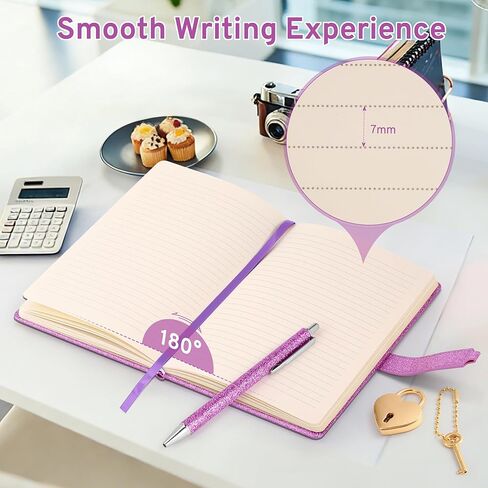 مذكرات لامعة باللون الأرجواني مع قفل ومفتاح، مقاس 8.4 بوصة × 5.7 بوصة، مجلة لامعة لا تتساقط للفتيات، دفتر ملاحظات مبطن مقاس A5 للكتابة، هدية عيد ميلاد للأطفال في سن المراهقة، تتضمن قلمًا وسوارًا in Kuwait