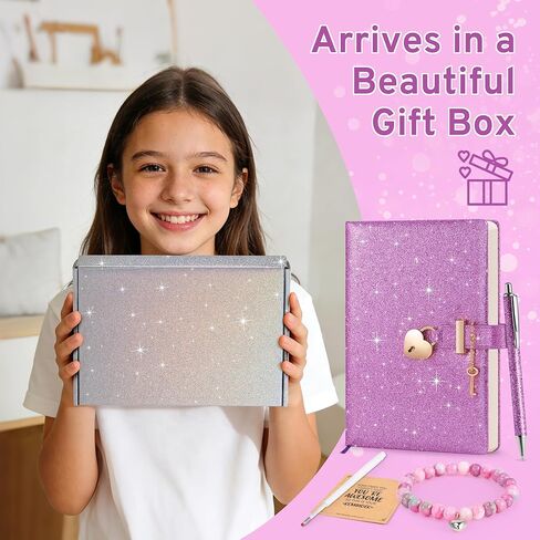 مذكرات لامعة باللون الأرجواني مع قفل ومفتاح، مقاس 8.4 بوصة × 5.7 بوصة، مجلة لامعة لا تتساقط للفتيات، دفتر ملاحظات مبطن مقاس A5 للكتابة، هدية عيد ميلاد للأطفال في سن المراهقة، تتضمن قلمًا وسوارًا in Kuwait