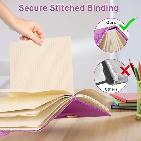 مذكرات لامعة باللون الأرجواني مع قفل ومفتاح، مقاس 8.4 بوصة × 5.7 بوصة، مجلة لامعة لا تتساقط للفتيات، دفتر ملاحظات مبطن مقاس A5 للكتابة، هدية عيد ميلاد للأطفال في سن المراهقة، تتضمن قلمًا وسوارًا in Kuwait