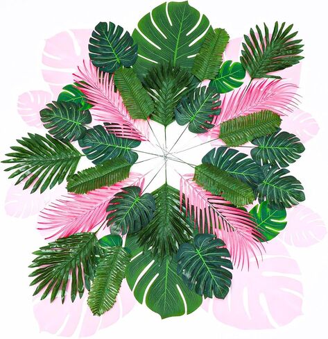 Zeyune 80 PCS 11 Kinds Artificial Tropical Palm Leaves Bulk - Pink Green Monstera Leaves with Stems Retro Fashion Decorations for Summer Tropical Beach Party Beach Wedding Birthday in Saudi Arabia