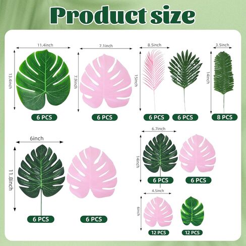 Zeyune 80 PCS 11 Kinds Artificial Tropical Palm Leaves Bulk - Pink Green Monstera Leaves with Stems Retro Fashion Decorations for Summer Tropical Beach Party Beach Wedding Birthday in Saudi Arabia