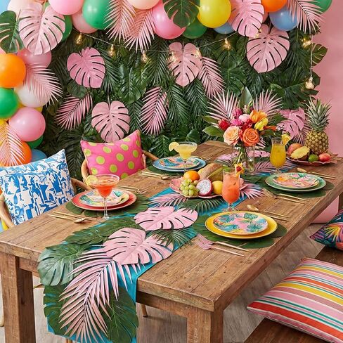 Zeyune 80 PCS 11 Kinds Artificial Tropical Palm Leaves Bulk - Pink Green Monstera Leaves with Stems Retro Fashion Decorations for Summer Tropical Beach Party Beach Wedding Birthday in Saudi Arabia