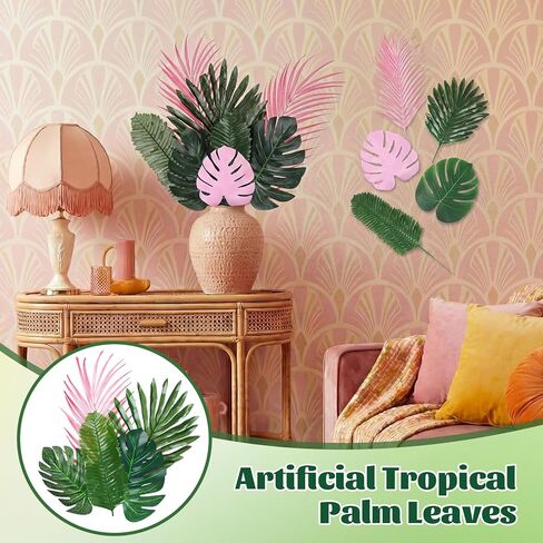 Zeyune 80 PCS 11 Kinds Artificial Tropical Palm Leaves Bulk - Pink Green Monstera Leaves with Stems Retro Fashion Decorations for Summer Tropical Beach Party Beach Wedding Birthday in Saudi Arabia