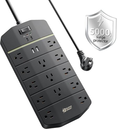 Power Strip,SUPERDANNY 5000 Joules Surge Protector with 13 AC Outlets 2 USB-A & 2 USB-C PD 20W Fast Charging Heavy Duty 14AWG/3C Industrial Grade Extension Cord for Workbench Home Office Black in Kuwait