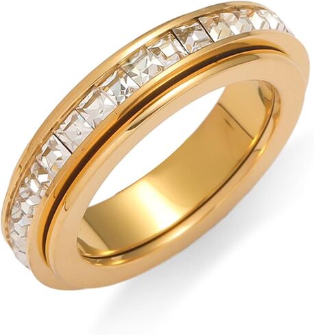 6mm Titanium Fidget Rings for Women Anxiety Relasing, Full Cubic Zirconia Ring Eternity Wedding Band Ring Love Statement Jewelry, Hypoallergenic Stainless Steel Gold Rings for Women No Tarnish in Saudi Arabia