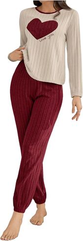 WDIRARA Women's 2 Piece Pajama Set Heart Pattern Rib Knit Pants Pjs Set Crew Neck Long Sleeve Sleepwear in Saudi Arabia