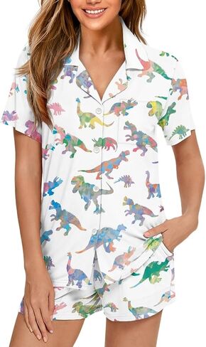 Pajama Set for Women Short Sleeve Button Down Sleepwear Summer Pjs Shorts Set in Saudi Arabia