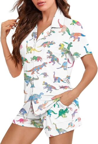 Pajama Set for Women Short Sleeve Button Down Sleepwear Summer Pjs Shorts Set in Saudi Arabia