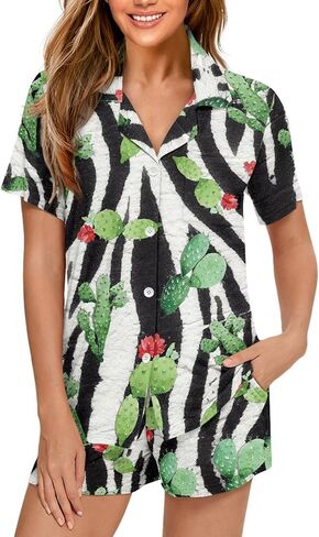 Pajama Set for Women Short Sleeve Button Down Sleepwear Summer Pjs Shorts Set in Saudi Arabia