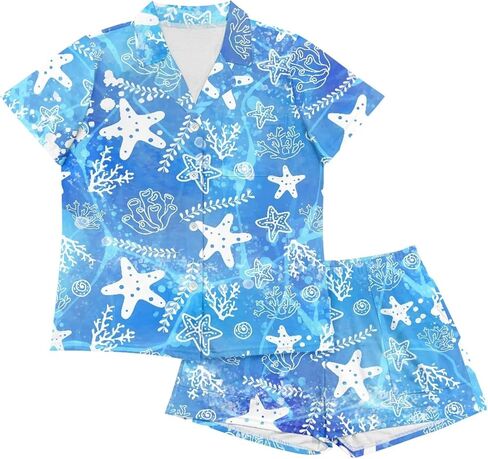Pajama Set for Women Short Sleeve Button Down Sleepwear Summer Pjs Shorts Set in Saudi Arabia