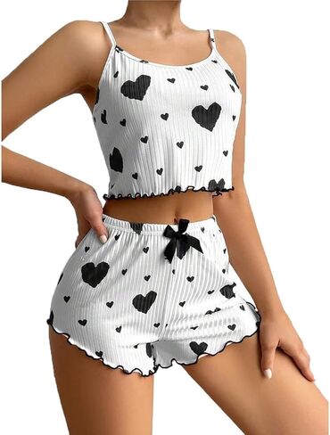 Cute Pajamas for Women Strawberry Print PJ Set Crop Cami Tops and Shorts Set 2 Piece Lounge Sets Shorts Ribbed Sets in Saudi Arabia