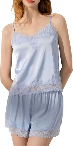 Luna & Sun Women Satin Lace Trim Pajamas Sleepwear Camisole Top and Shorts Nightwear Sets in Kuwait