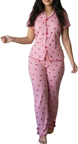 CHICME LOFT Pajamas for Women 2 Piece Cute Strawberry Print Lettuce Trim Short Sleeve Lounge Set Sleepwear Pjs Sets in Saudi Arabia