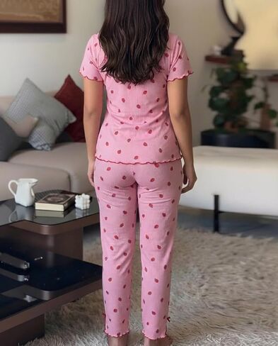 بيجامة CHICME LOFT للنساء مكونة من قطعتين لطيف بطباعة الفراولة وأكمام قصيرة طقم صالة ملابس نوم مجموعات Pjs in Kuwait