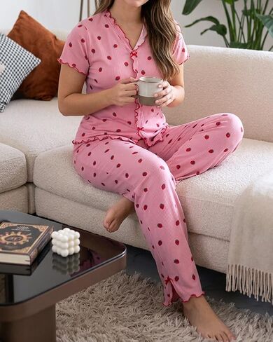 بيجامة CHICME LOFT للنساء مكونة من قطعتين لطيف بطباعة الفراولة وأكمام قصيرة طقم صالة ملابس نوم مجموعات Pjs in Kuwait