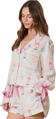 White Wine Glass Print Pajama Set for Women - Bow Knot Details in Kuwait
