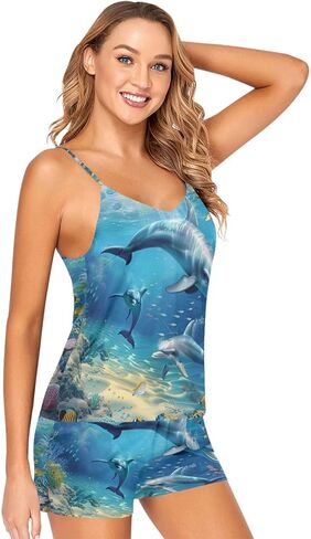ALAZA Women's Tropical Dolphins Island Pajamas Camisole Shorts Set in Saudi Arabia