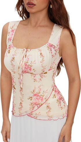CIDER Square Neck Sleeveless Wrap Tank Tops for Women Tie Front Cute Floral Peplum Tops Summer Vacation Outfit in Saudi Arabia